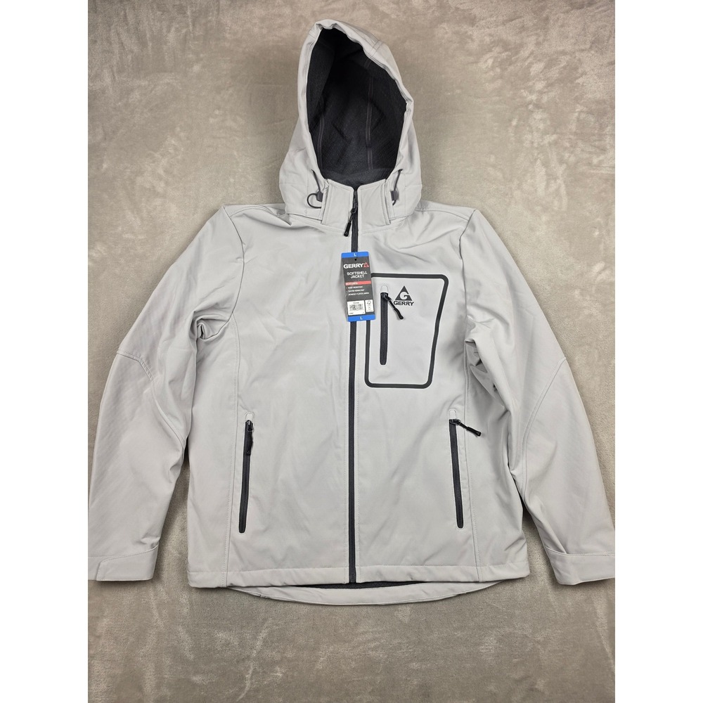 Gerry Softshell Jacket Mens L Gray Bonded Fleece Lined Hooded Water Resistant